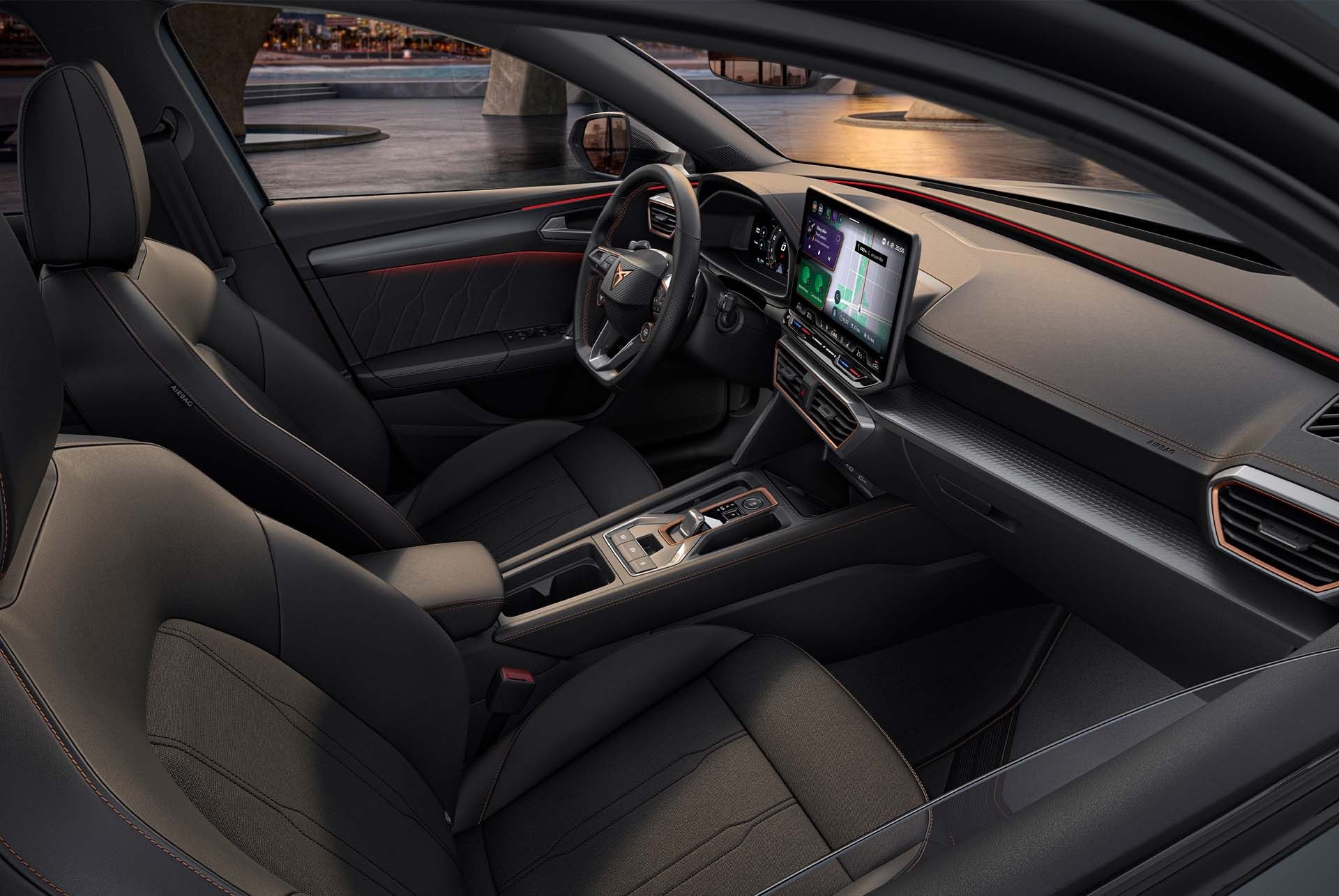 new cupra leon 2024 car interior, infotainment screen, bucket seats, passenger and driver seat.